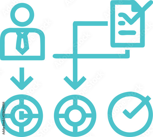 Comprehensive business planning goal management strategy icons for corporate success and project execution isolated on white background.