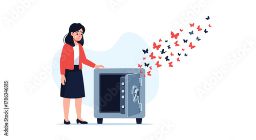 Distraught woman standing by an open, empty safe with butterflies escaping, symbolizing a significant financial loss, lost savings, or a sense of vanished security.