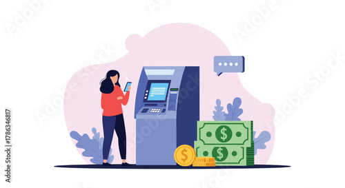 Woman using an ATM with her smartphone for banking transactions, surrounded by cash and coins, illustrating modern financial services and convenience.
