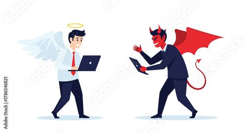 Symbolic depiction of good versus evil in business, with an angelic businessman and a devilish businessman confronting each other, both with laptops.