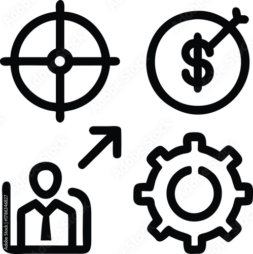 Comprehensive business planning goal management strategy icons for corporate success and project execution isolated on white background.