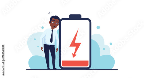 Exhausted man standing dejectedly beside a giant low-battery icon, illustrating profound fatigue, burnout, and a severe lack of personal energy.
