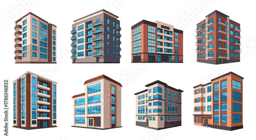 Collection of diverse, modern apartment buildings and residential complexes with distinct architectural styles, showcasing contemporary urban housing.