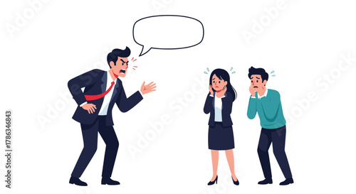 Furious boss aggressively yelling at two visibly scared employees, portraying a highly stressful, hostile, and toxic workplace environment.
