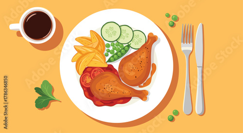 Delicious plate featuring crispy fried chicken drumsticks, golden french fries, fresh peas, cucumber, and tomatoes, served with a cup of coffee.