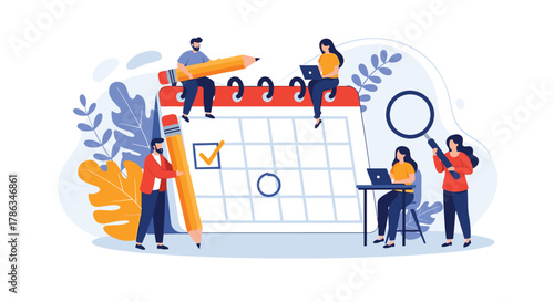 Collaborative team effectively working together on a large calendar, managing schedules, setting deadlines, and planning projects for optimal productivity and success.