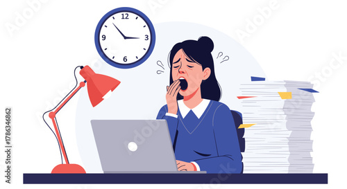 Overworked businesswoman yawning at her desk late at night, surrounded by a stack of documents, symbolizing extreme fatigue and job burnout.