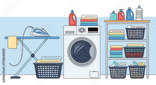 Organized laundry room featuring a washing machine, ironing board with clothes, and shelves stocked with detergents and neatly folded laundry.