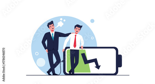 Supportive colleague offering help to an exhausted man with low energy, symbolized by a draining battery, emphasizing empathy and workplace support.