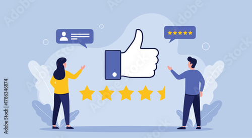 People enthusiastically providing positive customer feedback with a giant thumbs-up and five-star ratings, signifying excellent service and high satisfaction.