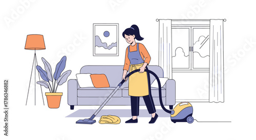 Diligent woman happily vacuuming the carpet in her bright and neatly organized living room, ensuring a clean and comfortable home environment.