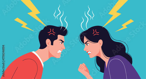 Furious man and woman angrily shouting at each other with visible steam and lightning, symbolizing a heated argument, relationship conflict, and miscommunication.