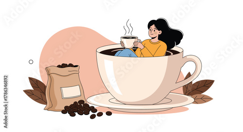 Woman blissfully relaxing inside a giant coffee cup, holding a steaming mug, symbolizing ultimate comfort, a peaceful break, and coffee enjoyment.