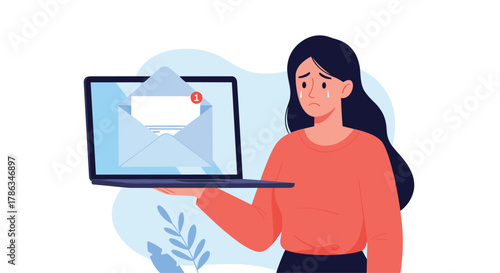 Distraught woman crying while holding a laptop displaying an unopened email notification, symbolizing anxiety, bad news, or a personal disappointment.
