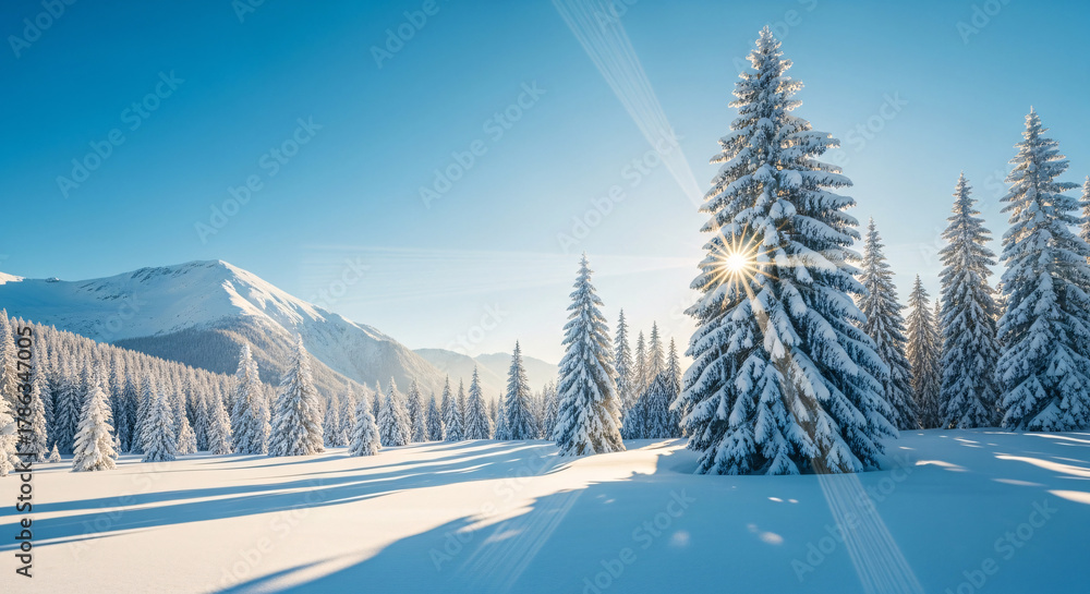 Obraz premium Winter Wonderland Landscape with Snowy Forest Mountains and Sun Rays