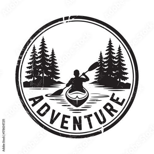 Kayaker paddling through pine forest landscape emblem