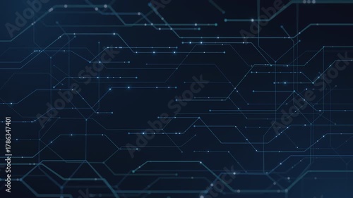 Abstract circuit board lines, glowing electrons, dark blue background. Cyber technology, futuristic network, data flow, AI, big data. Represents innovation, computing, digital communication, modern