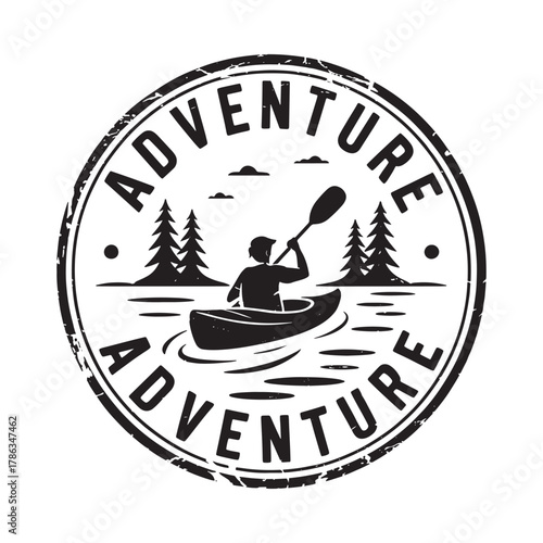 Kayaking adventure emblem with trees and water