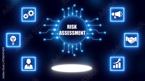 Digital concept of risk assessment with glowing icons and circuitry on dark blue background business