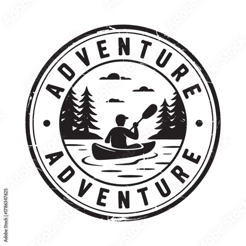 Kayaker paddling through forested lake emblem