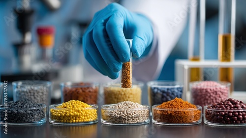 Scientist examines seed variations in test tubes.  A gloved hand carefully holds a sample, set against diverse seeds in lab containers, ready for food technology innovations.