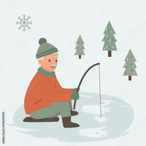  An elderly man ice fishing