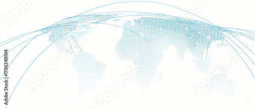 Minimal clean pixel world map with thin dotted lines and flight paths, representing global connection, technology, and international network in modern style