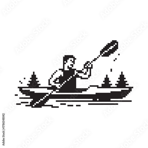 Man kayaking with paddle and trees in the background