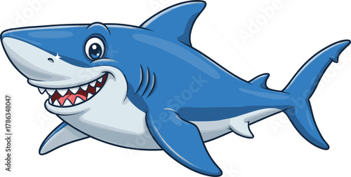 Cute smiling blue shark cartoon illustration, happy underwater animal character, adorable marine wildlife drawing isolated on white background for kids design