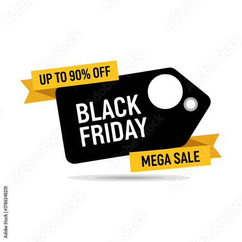 Black Friday Mega Sale Tag with Up to 90 Off Discount.