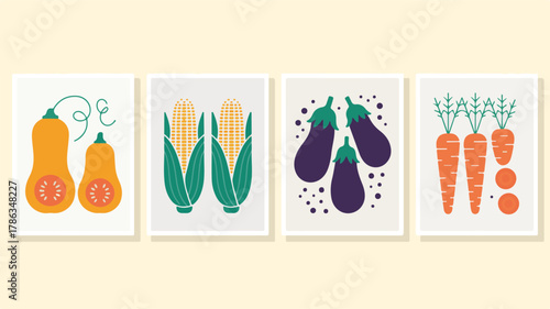 Four Framed Illustrations Of Vegetables In A Flat Design