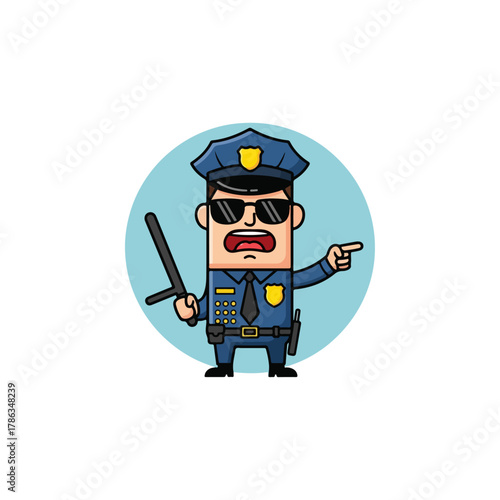 Cartoon Policeman with Sunglasses Holding Baton and Pointing Finger.
