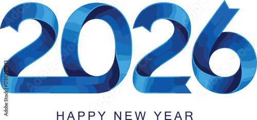 2026 New Year icon vector—stylized blue ribbon digits with modern text for celebration, greeting, and festive branding visuals