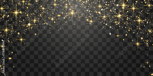 Glitter gold particles shine effect on png background. Vector gold glitter particles effect and texture. Stardust amber particles color on transparent background. Golden explosion of confetti.