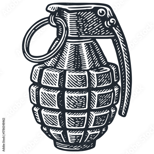 Hand grenade illustration in a retro, black and white engraving or woodcut style. Vector sketch of a vintage military weapon isolated on a background.