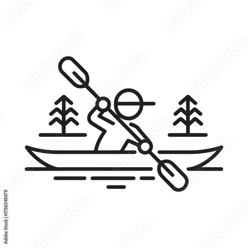 Stylized line art of a person kayaking in a calm body of water