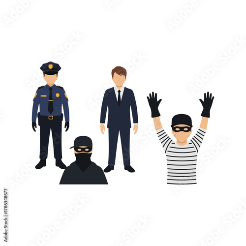 Illustration of a police officer, a businessman, and two criminals.