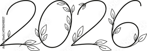 2026 number icon vector—cursive digits with leaf embellishments for nature-themed, celebratory, and eco-conscious branding visuals