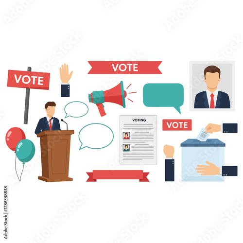 Election and voting campaign elements collection, political candidate speech, ballot box, and propaganda signs vector