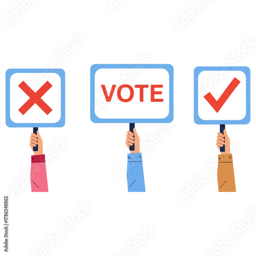 Hands hold vote signs, election choice with red checkmark, cross mark, decision making graphic