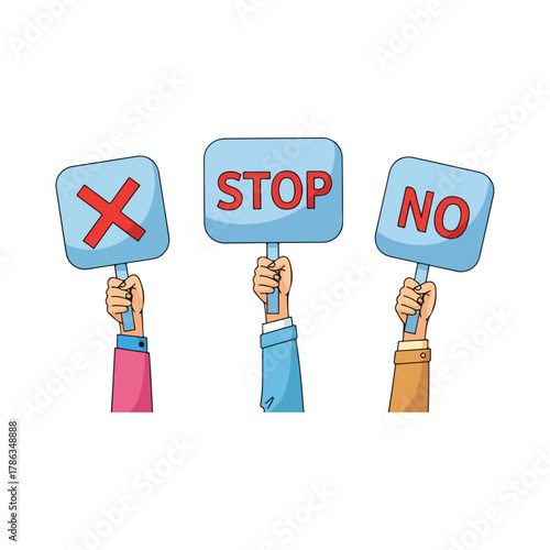 Hands Holding Signs with Rejection Symbols - Stop, No, and X.