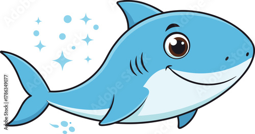 Cute smiling cartoon baby shark swimming underwater with bubbles, adorable ocean animal character illustration, marine wildlife concept, blue sea art