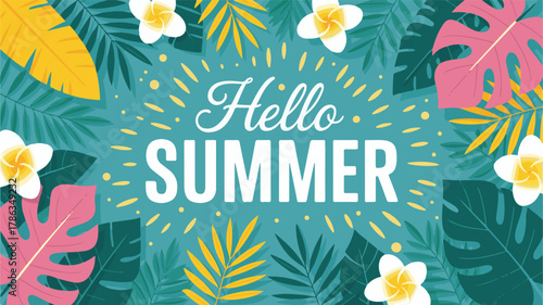 Hello Summer Tropical Leaves and Flowers Background