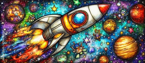 Fototapeta Naklejka Na Ścianę i Meble -  Whimsical Rocket Ship Journey Through a Colorful, Starry Galaxy with Aliens