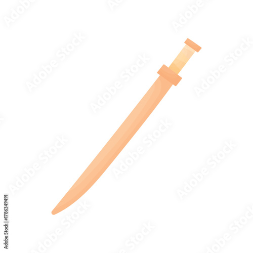 Wooden sword for training on a white background. Cartoon sword. Sword for children. Safe weapon.