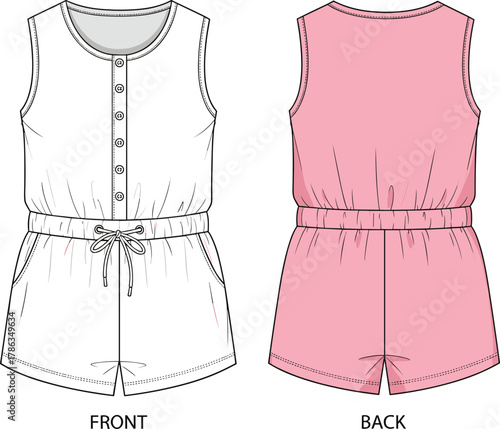 Sleeveless romper technical drawing, front and back view, button-down closure, drawstring waist, elastic waistband, fashion flat sketch, garment design, apparel template