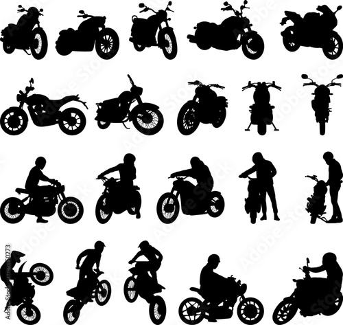 Motorcycle silhouettes, motorcyclists, set, vector