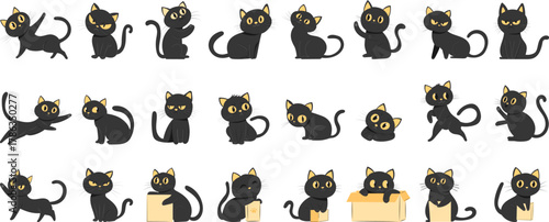 Set of cute black kittens in different poses, vector