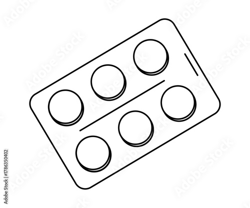 Hand drawn cute outline illustration of pills blister. Flat vector medical tablet dose line art doodle. Pharmacy prescription. Health care treatment sticker, icon. Drugs administration. Isolated.