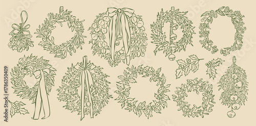 Christmas wreath doodles collection. Art for greeting cards, holiday invitations, poster design, postcards, branding, logo design, background.	